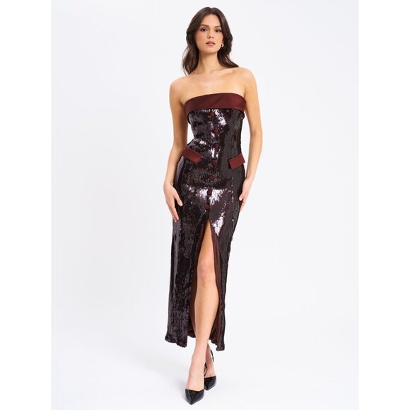 Ira Burgundy Brown Sequin Maxi Pencil Dress - Picture 7 of 14